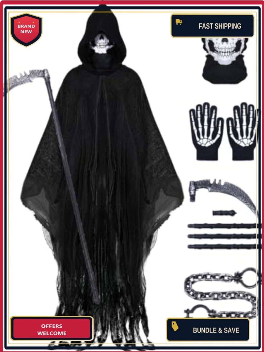 Grim Reaper Costume Hooded Cloak Skull Mask Scythe Adult Halloween Set